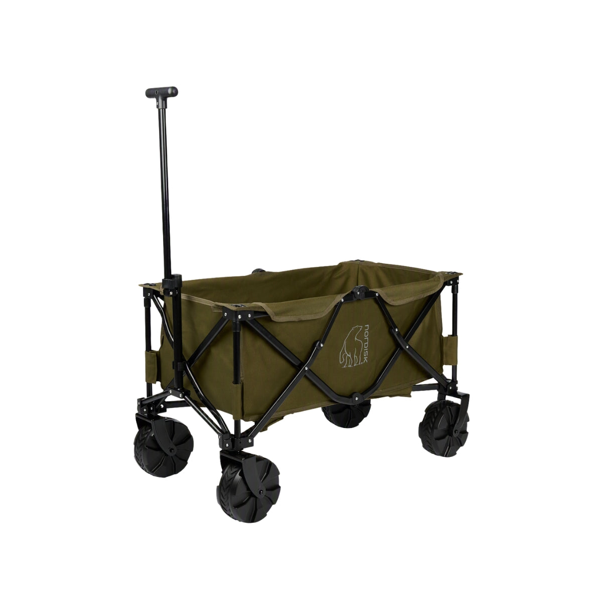 Green folding wagon with black wheels and handle on a white background