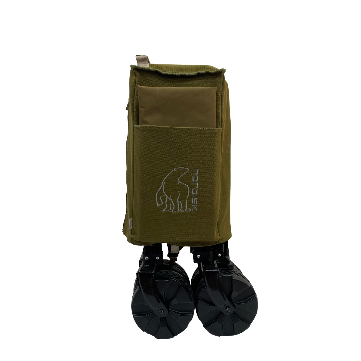 Green folding wagon with black wheels on a white background